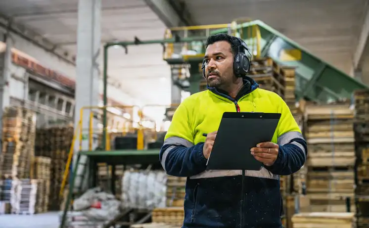 An industry worker operating machinery.